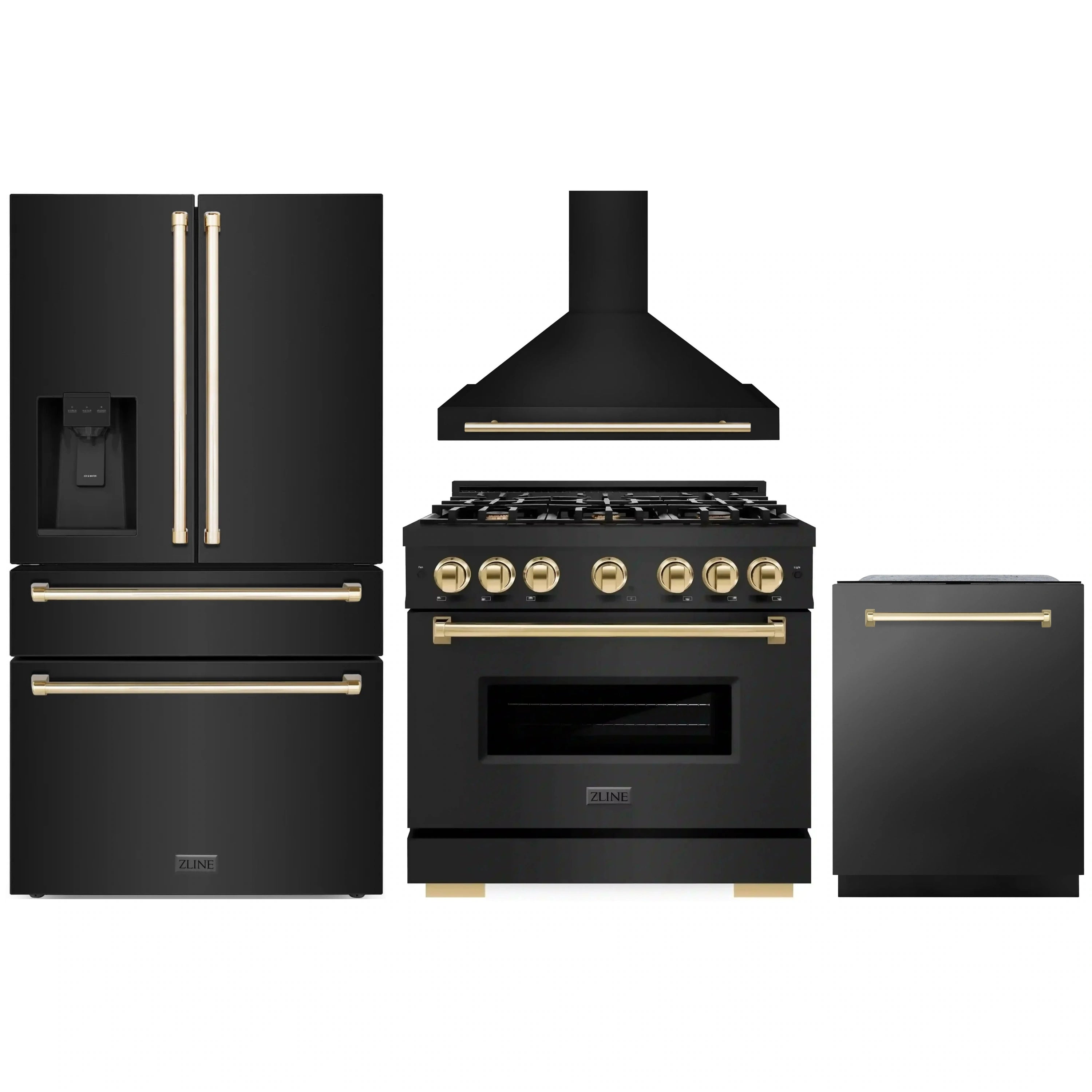 Black gas range, stainless hood, refrigerator, and dishwasher with gold accents