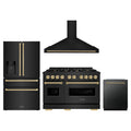 ZLINE 4-Piece Appliance Package - 48-Inch Gas Range, Hood, Refrigerator with Water Dispenser, and Dishwasher in Black Stainless Steel with Champagne Bronze Accents