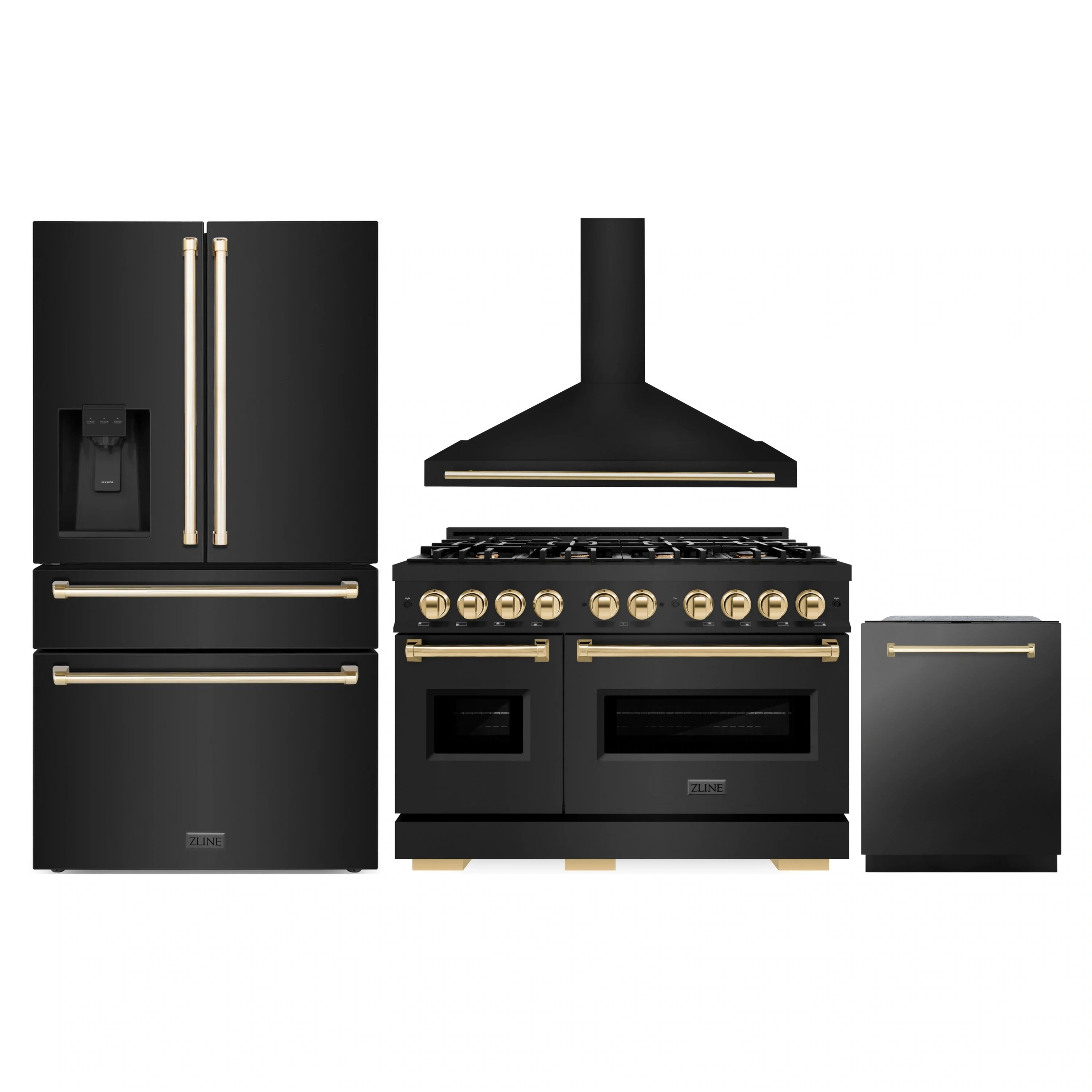 Black stainless appliance set with gold accents: refrigerator, range, hood, dishwasher