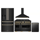 ZLINE 4-Piece Appliance Package - 48-Inch Gas Range, Hood, Refrigerator with Water Dispenser, and Dishwasher in Black Stainless Steel with Gold Accents