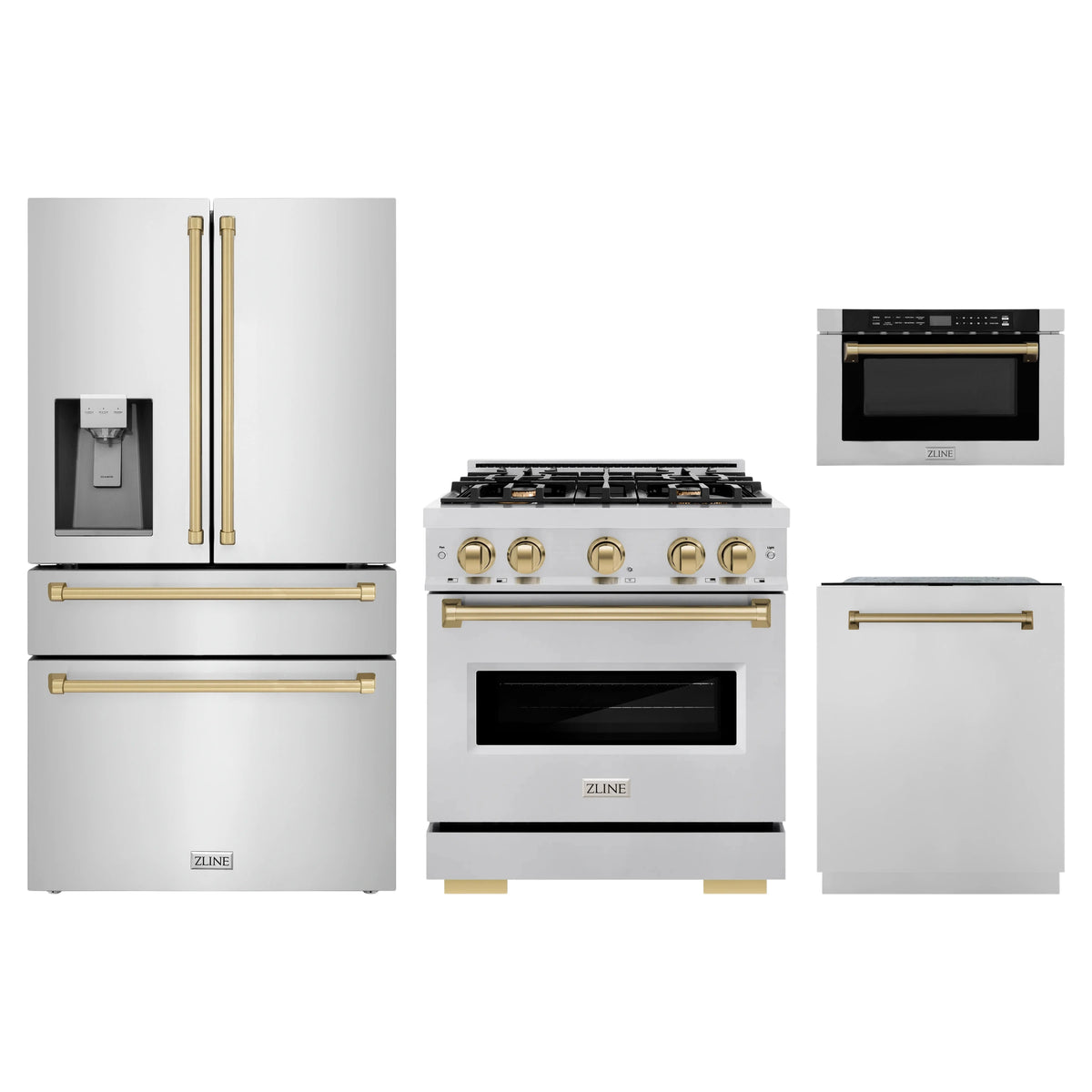 ZLINE 4-Piece Appliance Package - 30-Inch Classic Gas Range, Refrigerator with Water Dispenser, Dishwasher, and 24-Inch Microwave Drawer in Stainless Steel with Champagne Bronze Accents