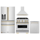 ZLINE 4-Piece Appliance Package - 30-Inch Gas Range, Hood, Refrigerator with Water Dispenser, and Dishwasher in Stainless Steel with Champagne Bronze Accents