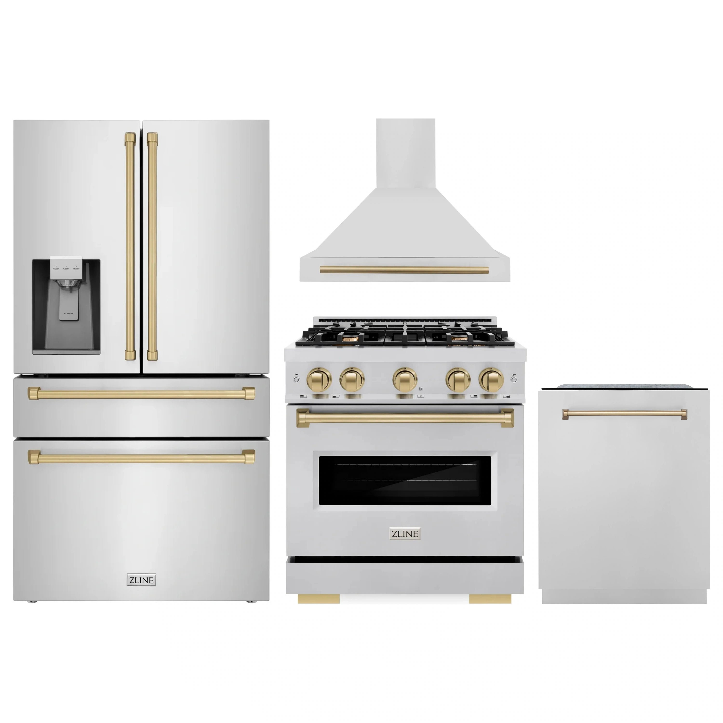 Stainless steel kitchen appliance set with gold accents: range, hood, dishwasher, fridge