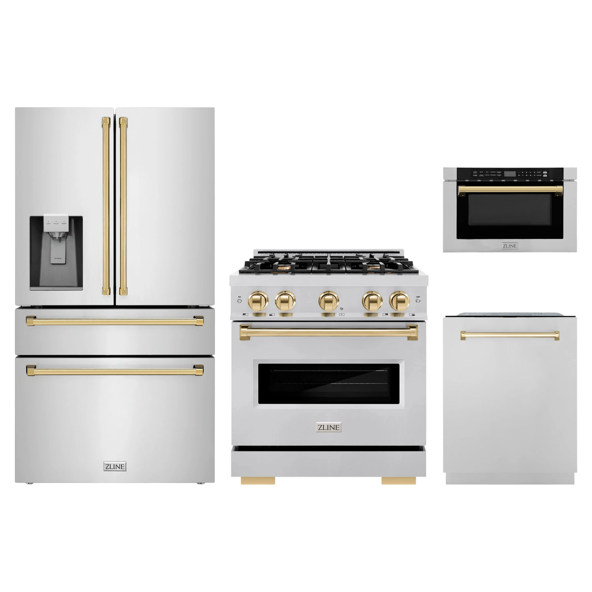 ZLINE 4-Piece Appliance Package - 30-Inch Classic Gas Range, Refrigerator with Water Dispenser, Dishwasher, and 24-Inch Microwave Drawer in Stainless Steel with Gold Accents