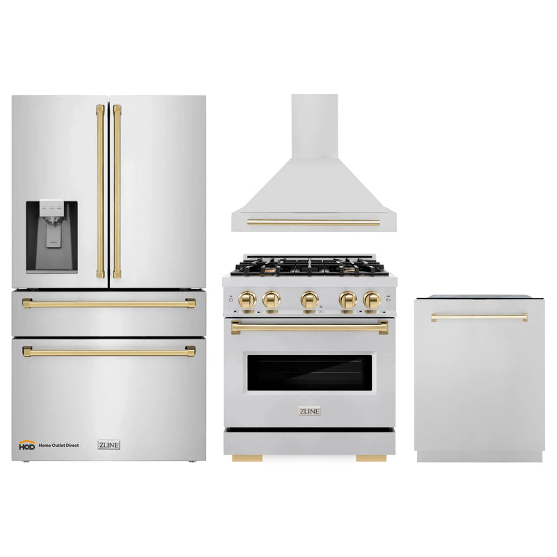 ZLINE 4-Piece Appliance Package - 30-Inch Gas Range, Hood, Refrigerator with Water Dispenser, and Dishwasher in Stainless Steel with Gold Accents