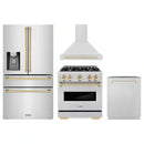 ZLINE 4-Piece Appliance Package - 30-Inch Gas Range, Hood, Refrigerator with Water Dispenser, and Dishwasher in Stainless Steel with Gold Accents