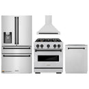 ZLINE 4-Piece Appliance Package - 30-Inch Gas Range, Hood, Refrigerator with Water Dispenser, and Dishwasher in Stainless Steel with Matte Black Accents
