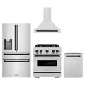 ZLINE 4-Piece Appliance Package - 30-Inch Gas Range, Hood, Refrigerator with Water Dispenser, and Dishwasher in Stainless Steel with Matte Black Accents
