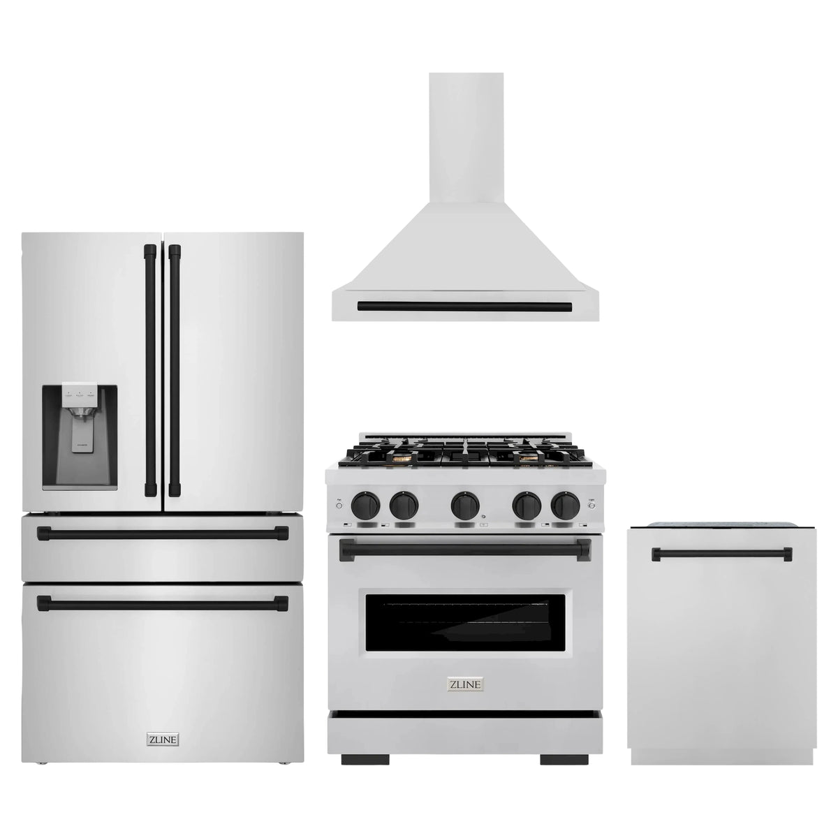 ZLINE 4-Piece Appliance Package - 30-Inch Gas Range, Hood, Refrigerator with Water Dispenser, and Dishwasher in Stainless Steel with Matte Black Accents