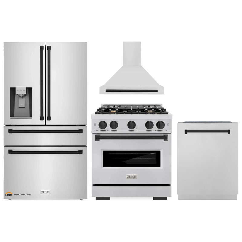 ZLINE 4-Piece Appliance Package - 30-Inch Gas Range, Hood, Refrigerator with Water Dispenser, and Dishwasher in Stainless Steel with Matte Black Accents