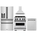 ZLINE 4-Piece Appliance Package - 30-Inch Gas Range, Hood, Refrigerator with Water Dispenser, and Dishwasher in Stainless Steel with Matte Black Accents