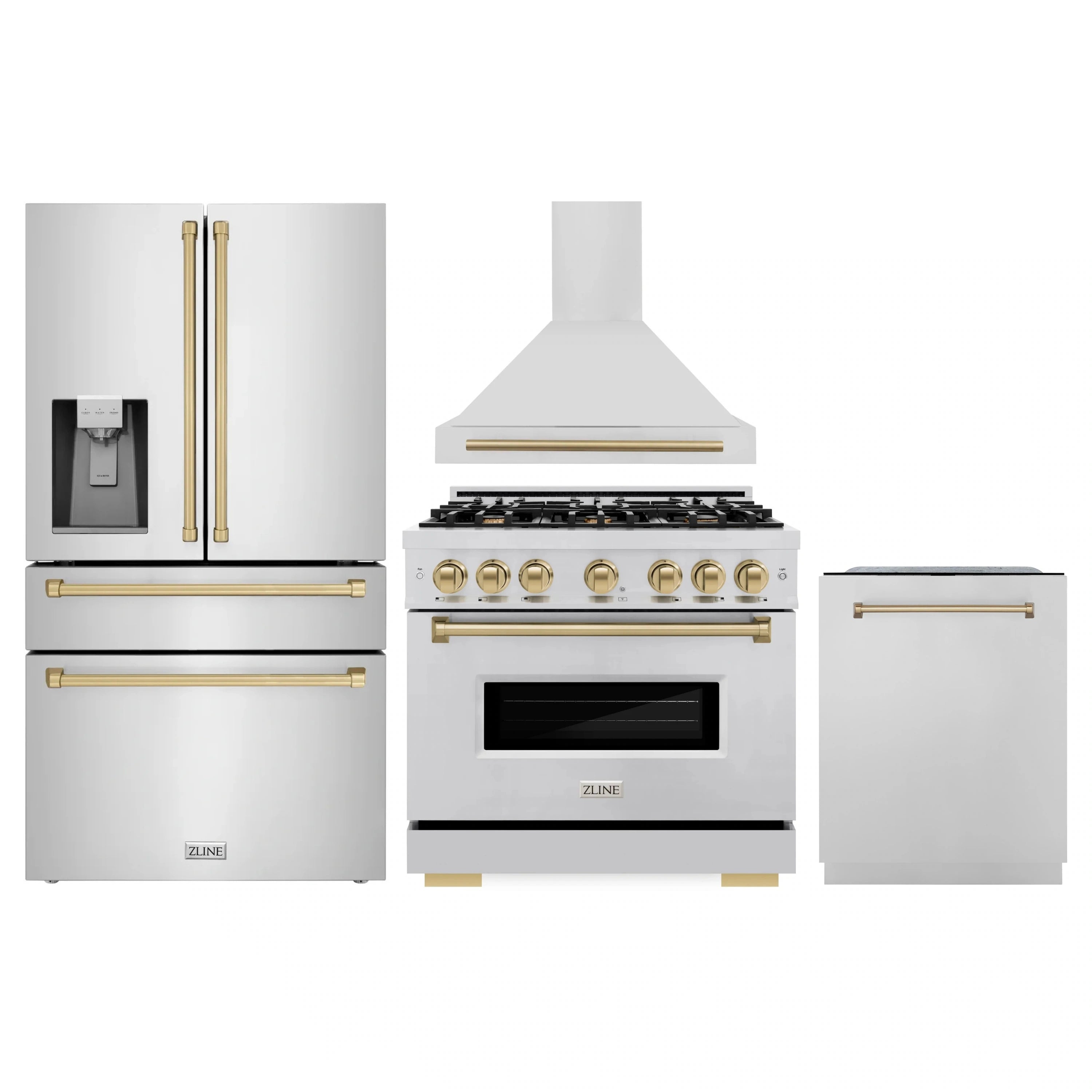 Four-piece kitchen appliance set with white fronts and gold accents