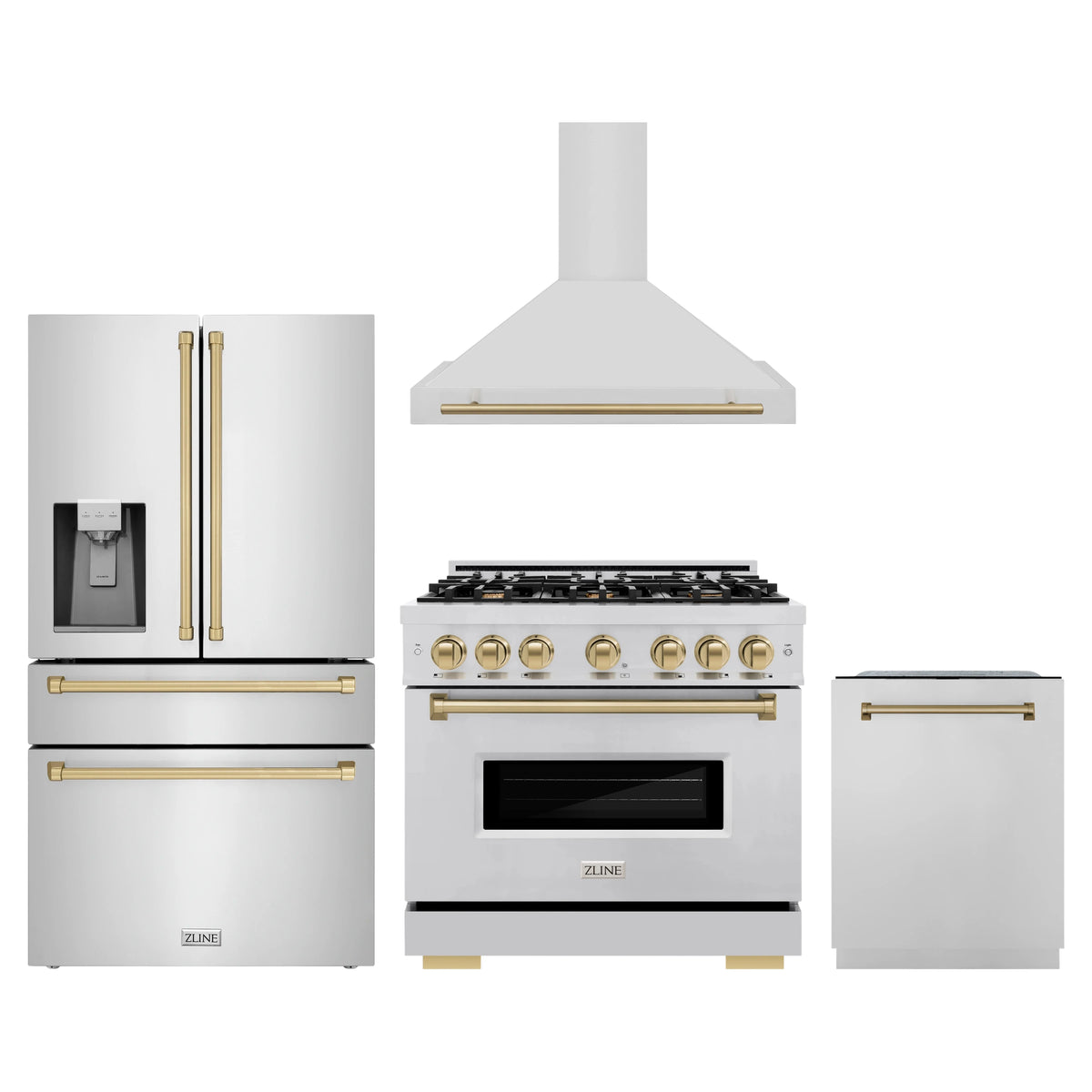 ZLINE 4-Piece Appliance Package - 36-Inch Gas Range, Hood, Refrigerator with Water Dispenser, and Dishwasher in Stainless Steel with Champagne Bronze Accents