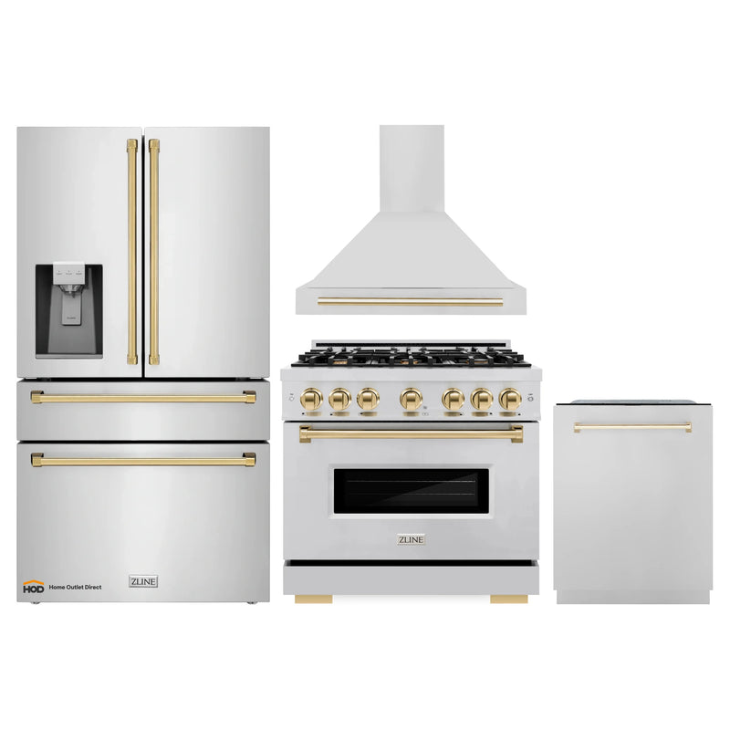 ZLINE 4-Piece Appliance Package - 36-Inch Gas Range, Hood, Refrigerator with Water Dispenser, and Dishwasher in Stainless Steel with Gold Accents
