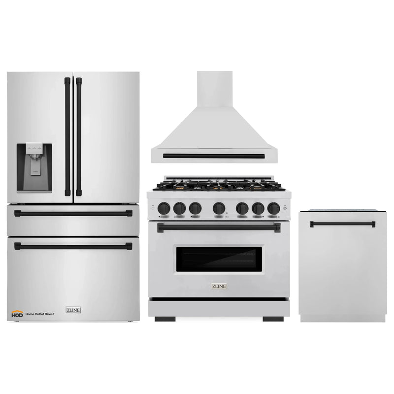 ZLINE 4-Piece Appliance Package - 36-Inch Gas Range, Hood, Refrigerator with Water Dispenser, and Dishwasher in Stainless Steel with Matte Black Accents
