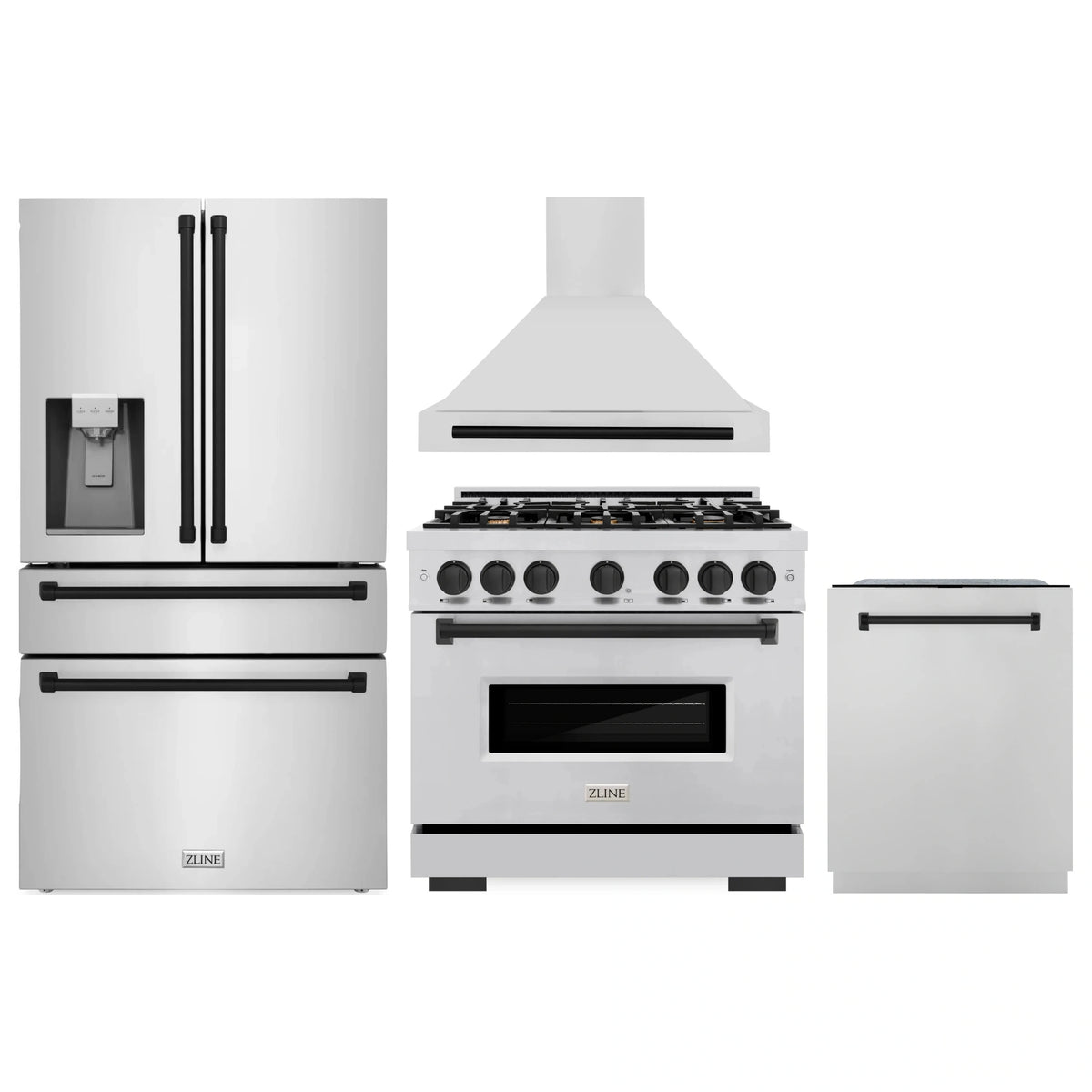 White kitchen appliance set with gas range, hood, refrigerator, and dishwasher