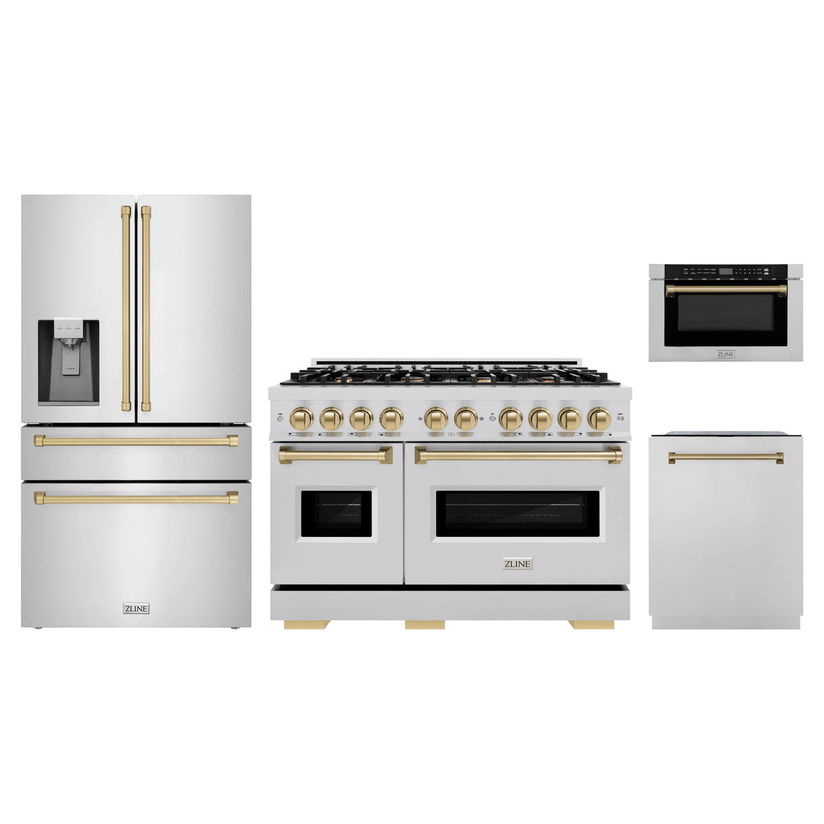 ZLINE 4-Piece Appliance Package - 48-Inch Classic Gas Range, Refrigerator with Water Dispenser, Dishwasher, and 24-Inch Microwave Drawer in Stainless Steel with Champagne Bronze Accents