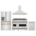 ZLINE 4-Piece Appliance Package - 48-Inch Gas Range, Hood, Refrigerator with Water Dispenser, and Dishwasher in Stainless Steel with Champagne Bronze Accents