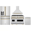ZLINE 4-Piece Appliance Package - 48-Inch Gas Range, Hood, Refrigerator with Water Dispenser, and Dishwasher in Stainless Steel with Champagne Bronze Accents