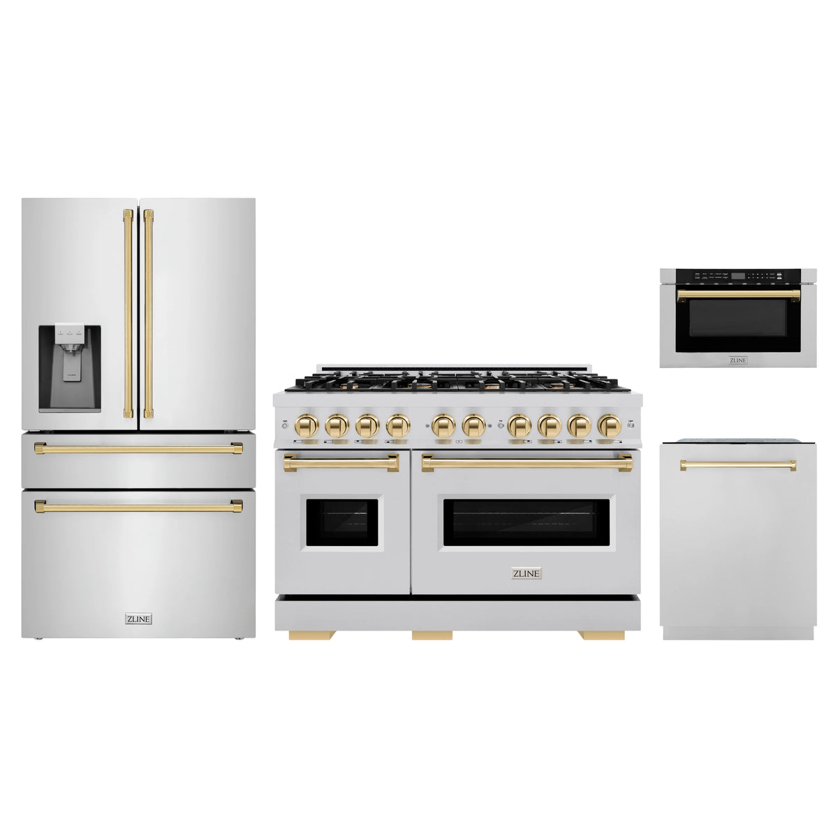 ZLINE 4-Piece Appliance Package - 48-Inch Classic Gas Range, Refrigerator with Water Dispenser, Dishwasher, and 24-Inch Microwave Drawer in Stainless Steel with Gold Accents