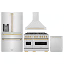 ZLINE 4-Piece Appliance Package - 48-Inch Gas Range, Hood, Refrigerator with Water Dispenser, and Dishwasher in Stainless Steel with Gold Accents
