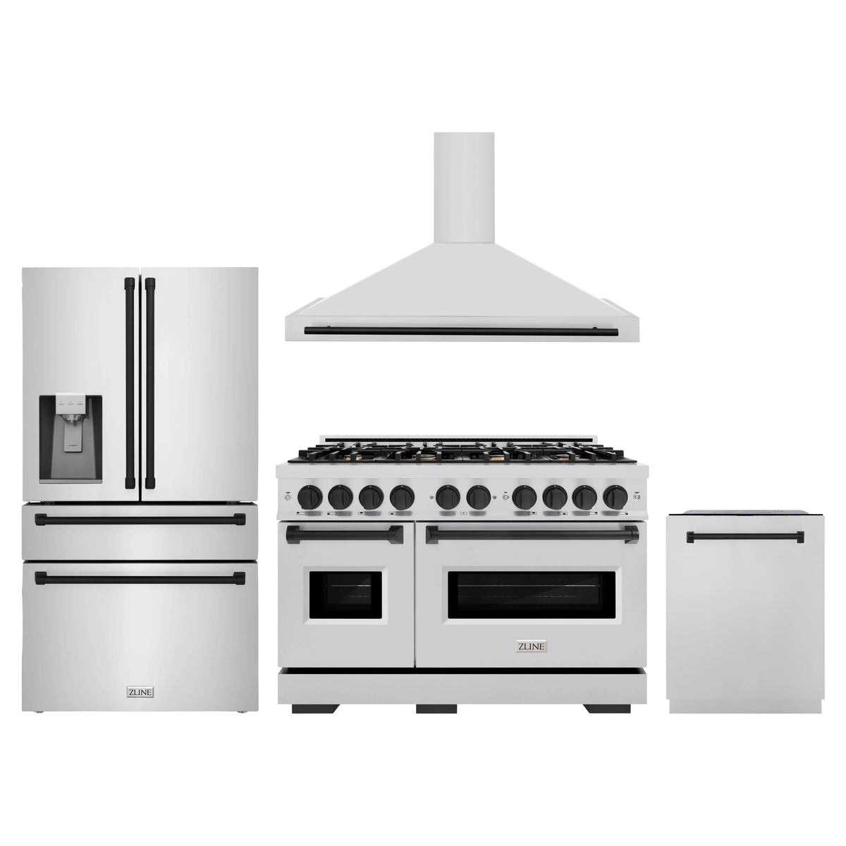 ZLINE 4-Piece Appliance Package - 48-Inch Gas Range, Hood, Refrigerator with Water Dispenser, and Dishwasher in Stainless Steel with Matte Black Accents