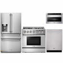 Thor Kitchen 4-Piece Pro Appliance Package - 36-Inch Dual Fuel Range with Propane Gas Cooktop , Refrigerator with Water Dispenser, Dishwasher, & Microwave Drawer in Stainless Steel