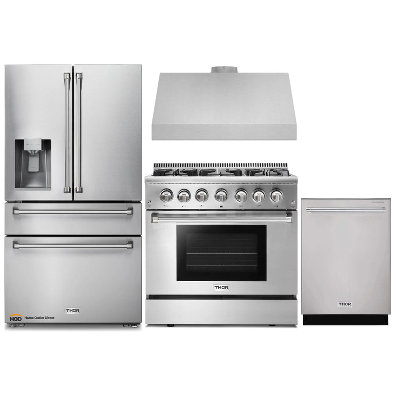 Thor Kitchen 4-Piece Pro Appliance Package - 36-Inch Dual Fuel Range, Refrigerator with Water Dispenser, Under Cabinet Hood & Dishwasher in Stainless Steel