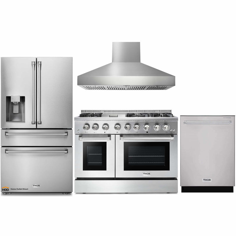 Thor Kitchen 4-Piece Pro Appliance Package - 48-Inch Dual Fuel Range with Propane Gas Cooktop , Pro Wall Mount Hood, Refrigerator with Water Dispenser, & Dishwasher in Stainless Steel