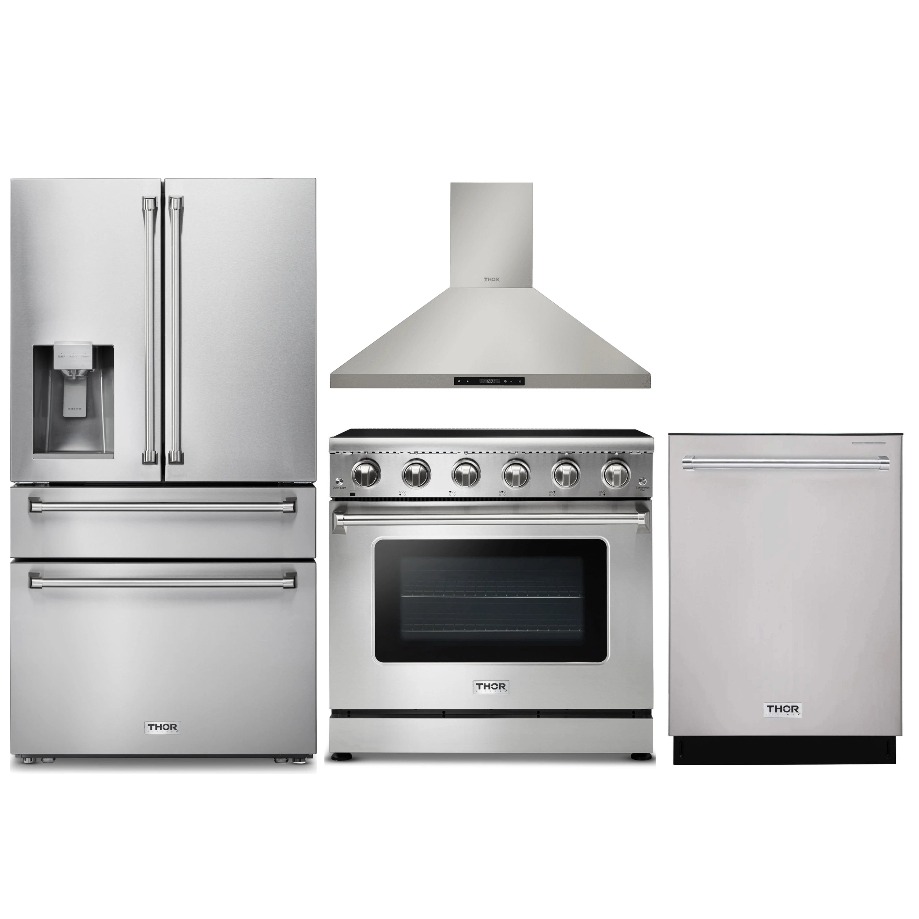 Stainless steel kitchen appliance set: refrigerator, range, hood, dishwasher
