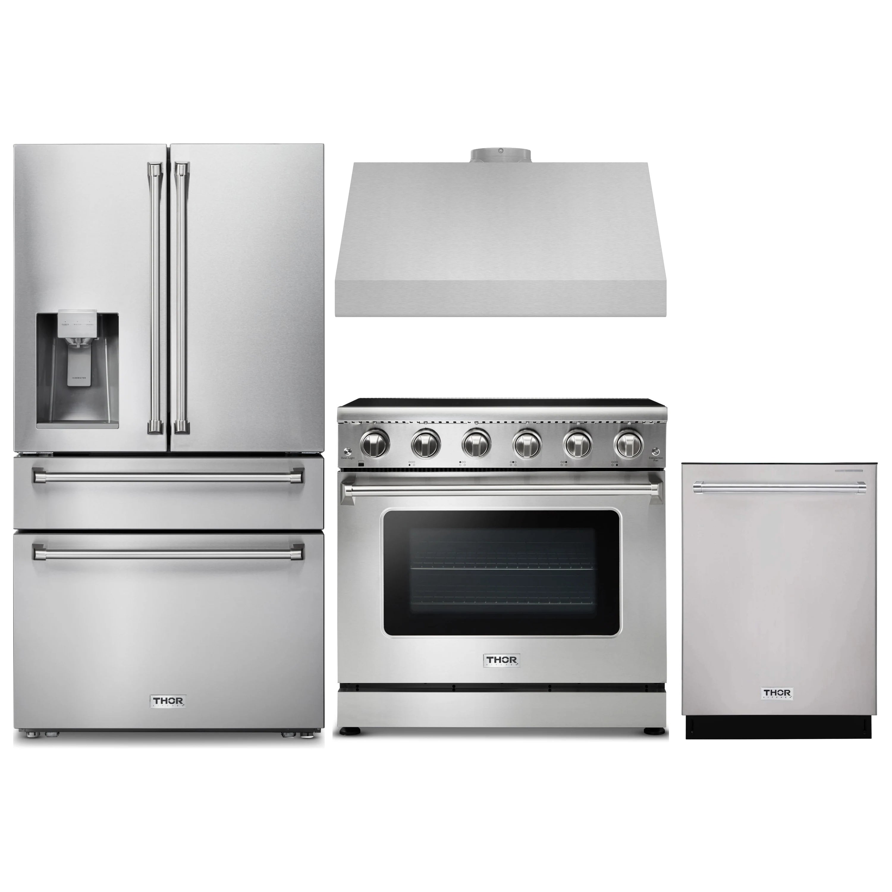 Stainless steel appliance package: refrigerator with water dispenser, range, dishwasher, hood