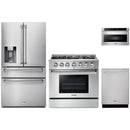 Thor Kitchen 4-Piece Pro Appliance Package - 36-Inch Propane Gas Range, Refrigerator with Water Dispenser, Dishwasher, & Microwave Drawer in Stainless Steel