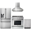 Thor Kitchen 4-Piece Pro Appliance Package - 36-Inch Propane Gas Range, Refrigerator with Water Dispenser, Pro-Style Wall Mount Hood & Dishwasher in Stainless Steel