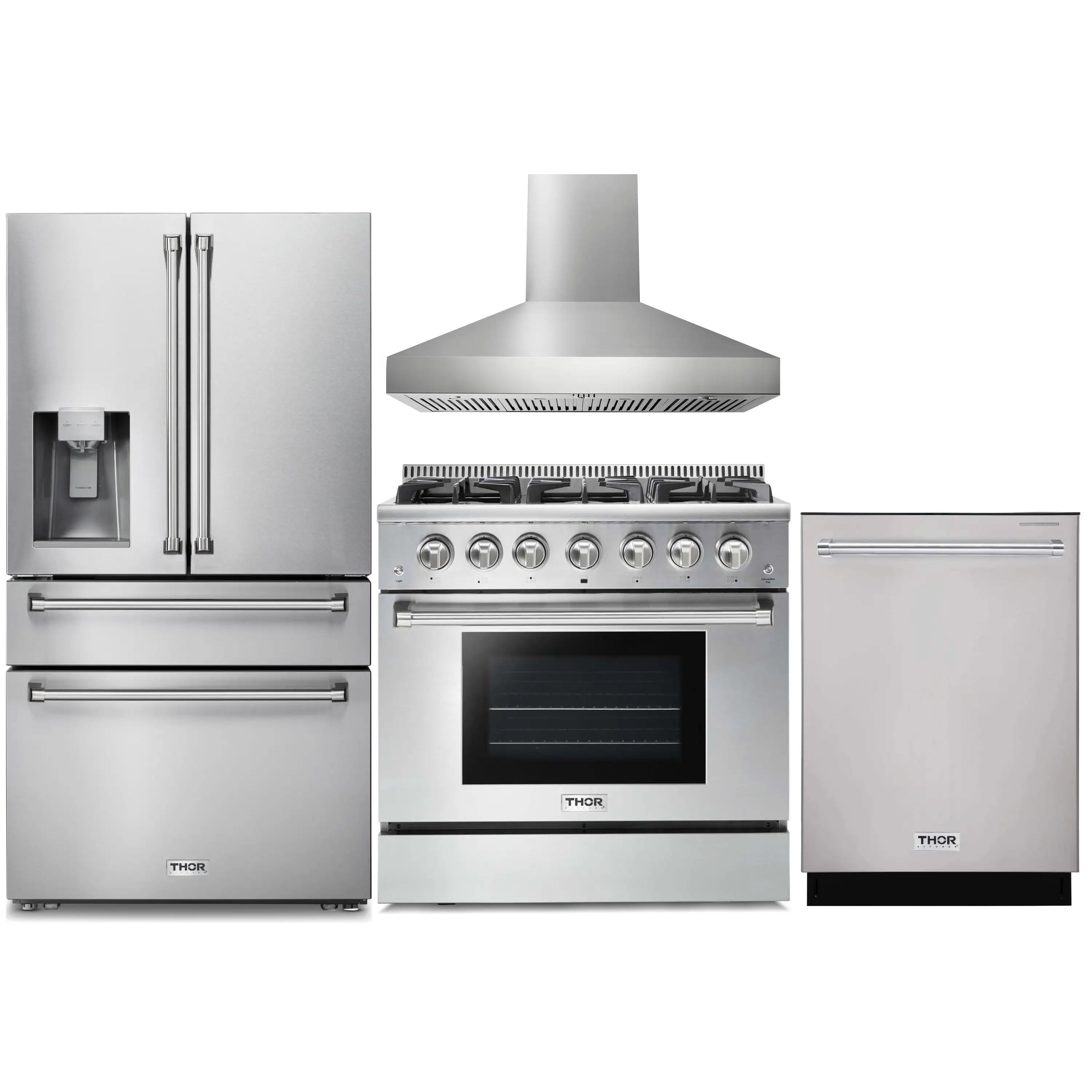 Stainless appliance package: refrigerator, gas range with hood, and dishwasher