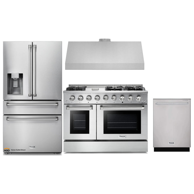Thor Kitchen 4-Piece Pro Appliance Package - 48-Inch Gas Range, Under Cabinet 11-Inch Tall Hood, Refrigerator with Water Dispenser, & Dishwasher in Stainless Steel