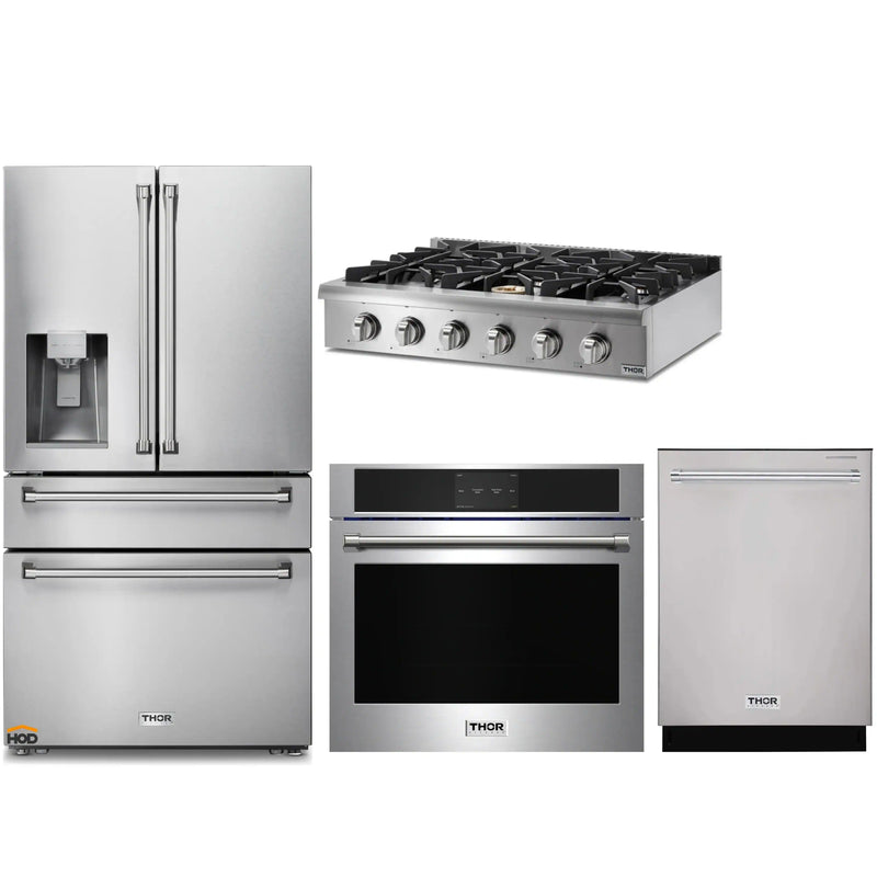 Thor Kitchen 4-Piece Pro Appliance Package - 36-Inch Rangetop, Electric Wall Oven, Refrigerator with Water Dispenser, & Dishwasher in Stainless Steel