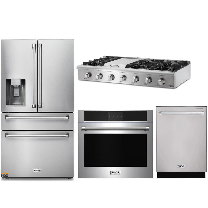 Thor Kitchen 4-Piece Pro Appliance Package - 48-Inch Rangetop, Electric Wall Oven, Dishwasher & Refrigerator with Water Dispenser in Stainless Steel