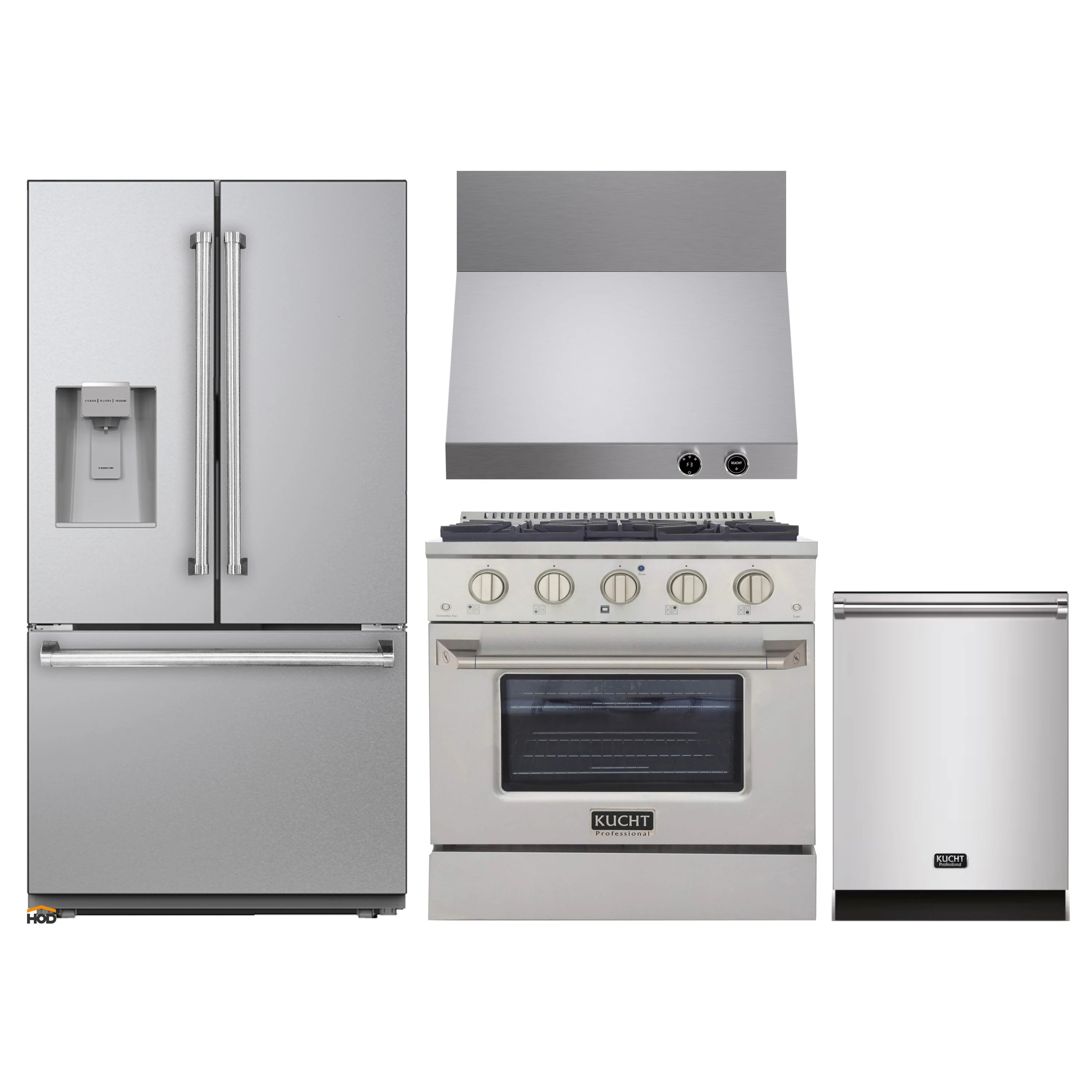 Stainless steel kitchen appliance set with refrigerator, range, and dishwasher