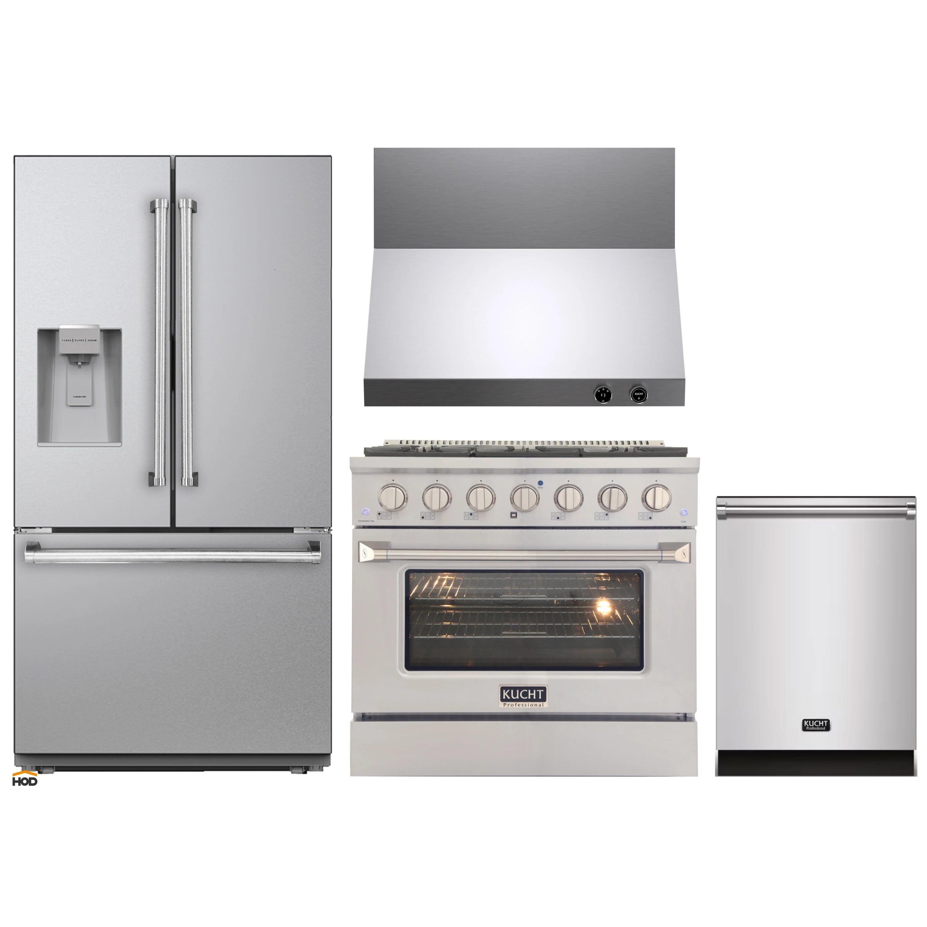 Kucht appliance set showing stainless refrigerator, range, and range hood
