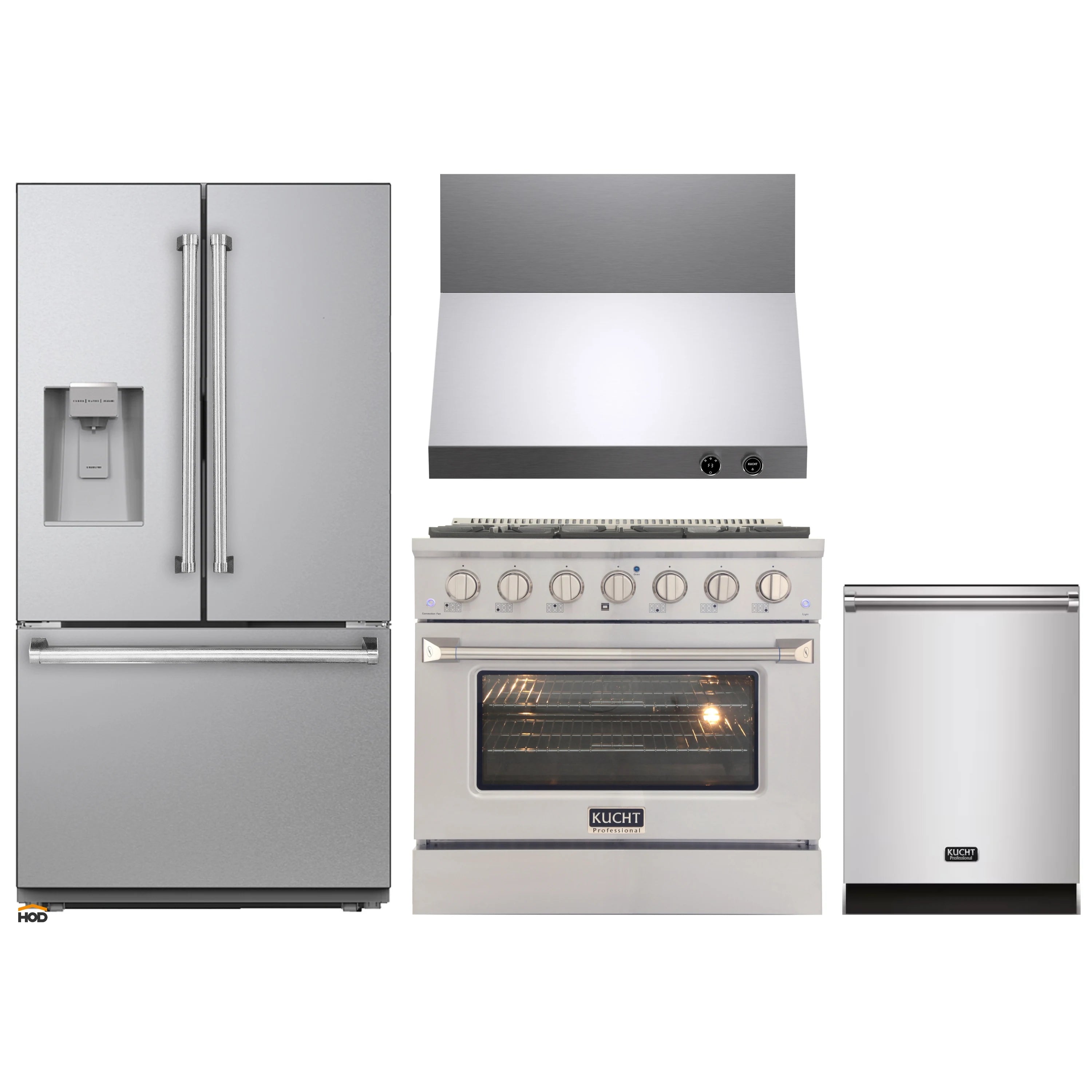 Kucht appliance package lineup: stainless refrigerator, range oven, and dishwasher front
