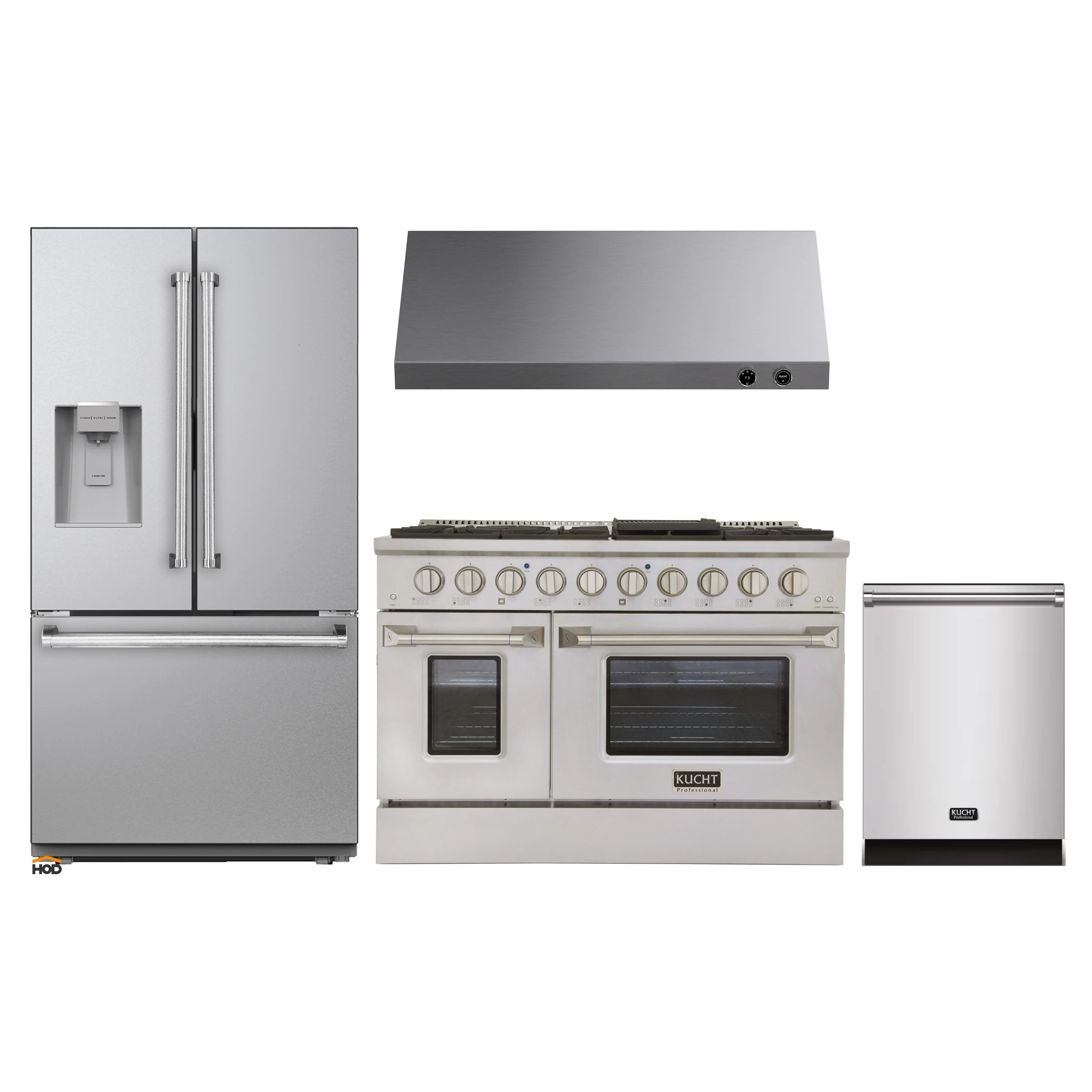 Stainless steel Kucht dual fuel range with hood beside gray refrigerator doors