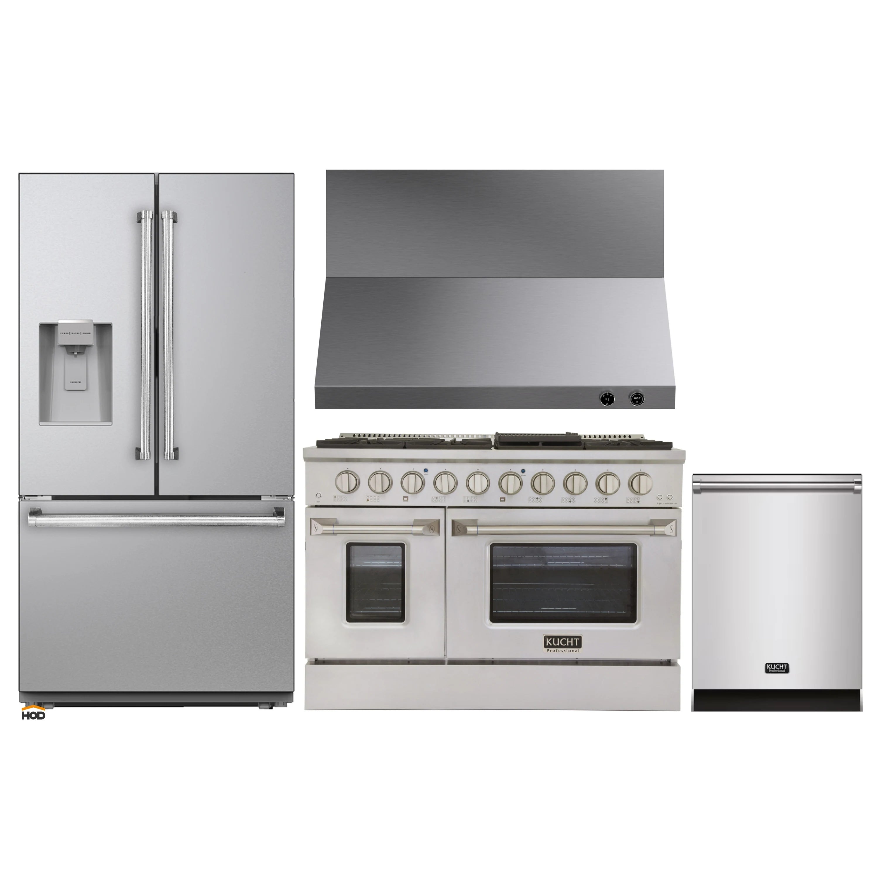 Stainless kitchen appliance set with refrigerator, dual-fuel range, and dishwasher