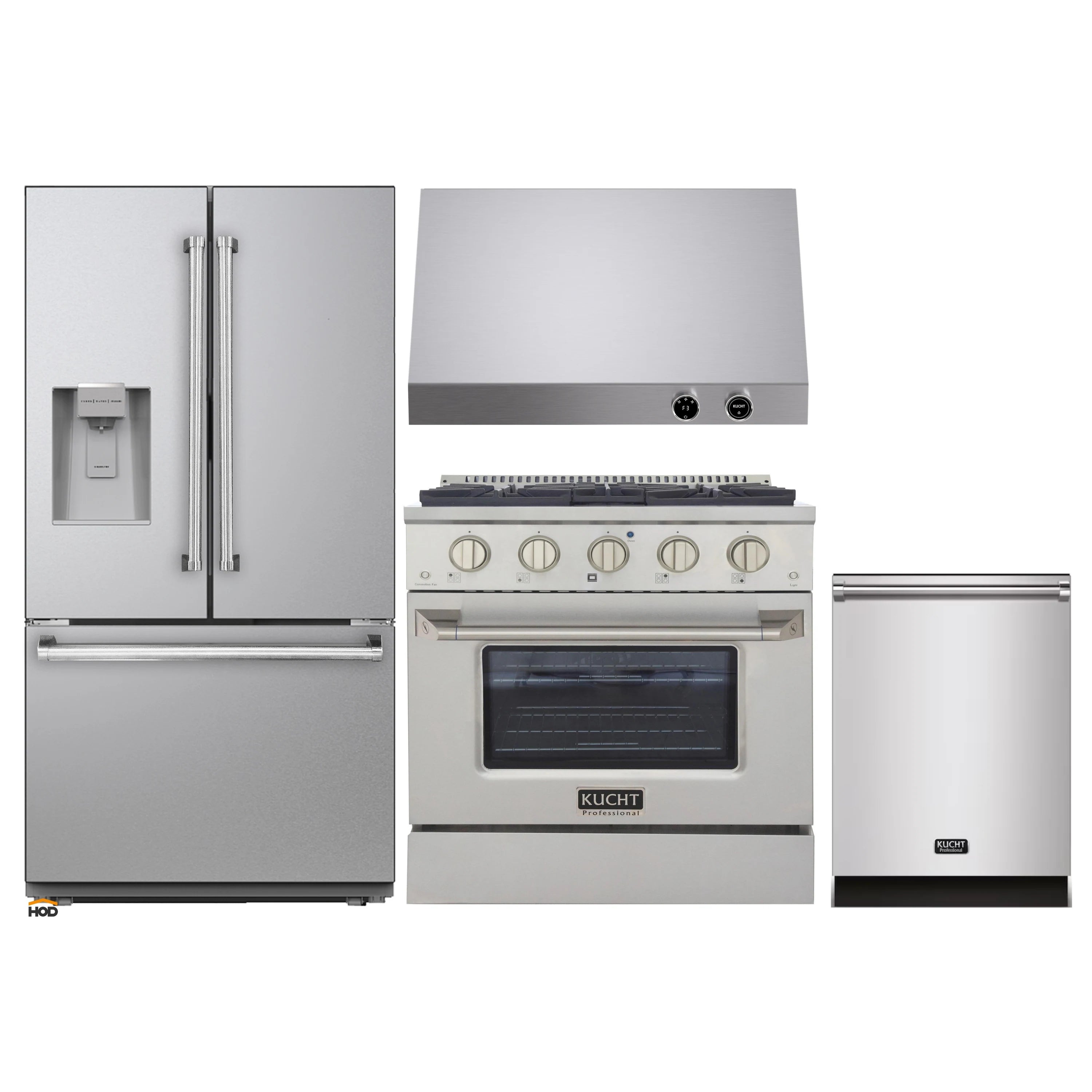 Kucht kitchen appliance package showing refrigerator, range, dishwasher, and range hood