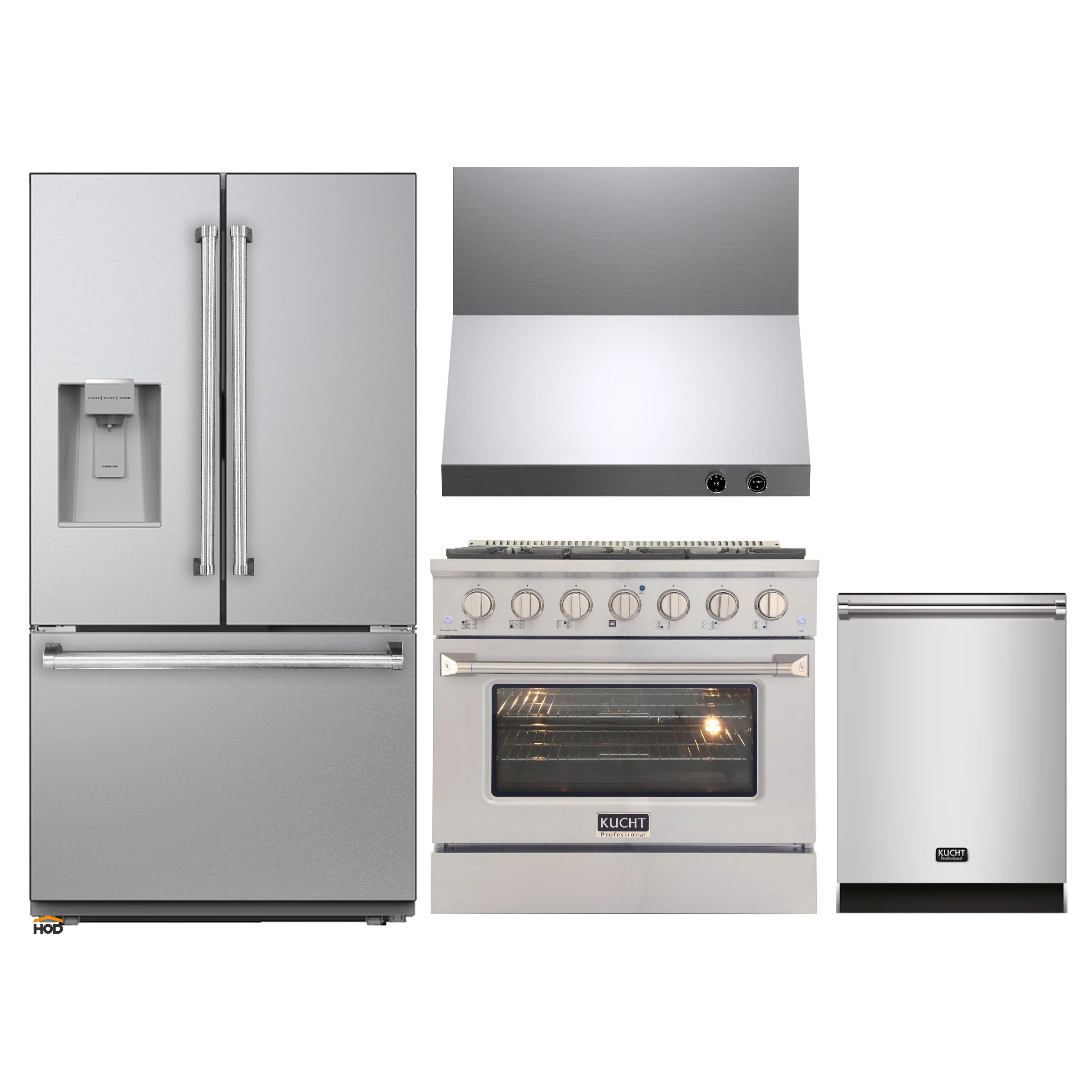 Stainless steel kitchen appliance set with refrigerator, gas range, dishwasher, wall hood