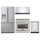 Kucht 4-Piece Appliance Package - 36-Inch Natural Gas Range with 5.2 Cu. Ft. Oven, 36-Inch Refrigerator with Water Dispenser, Dishwasher & Under Cabinet Range Hood in Stainless Steel