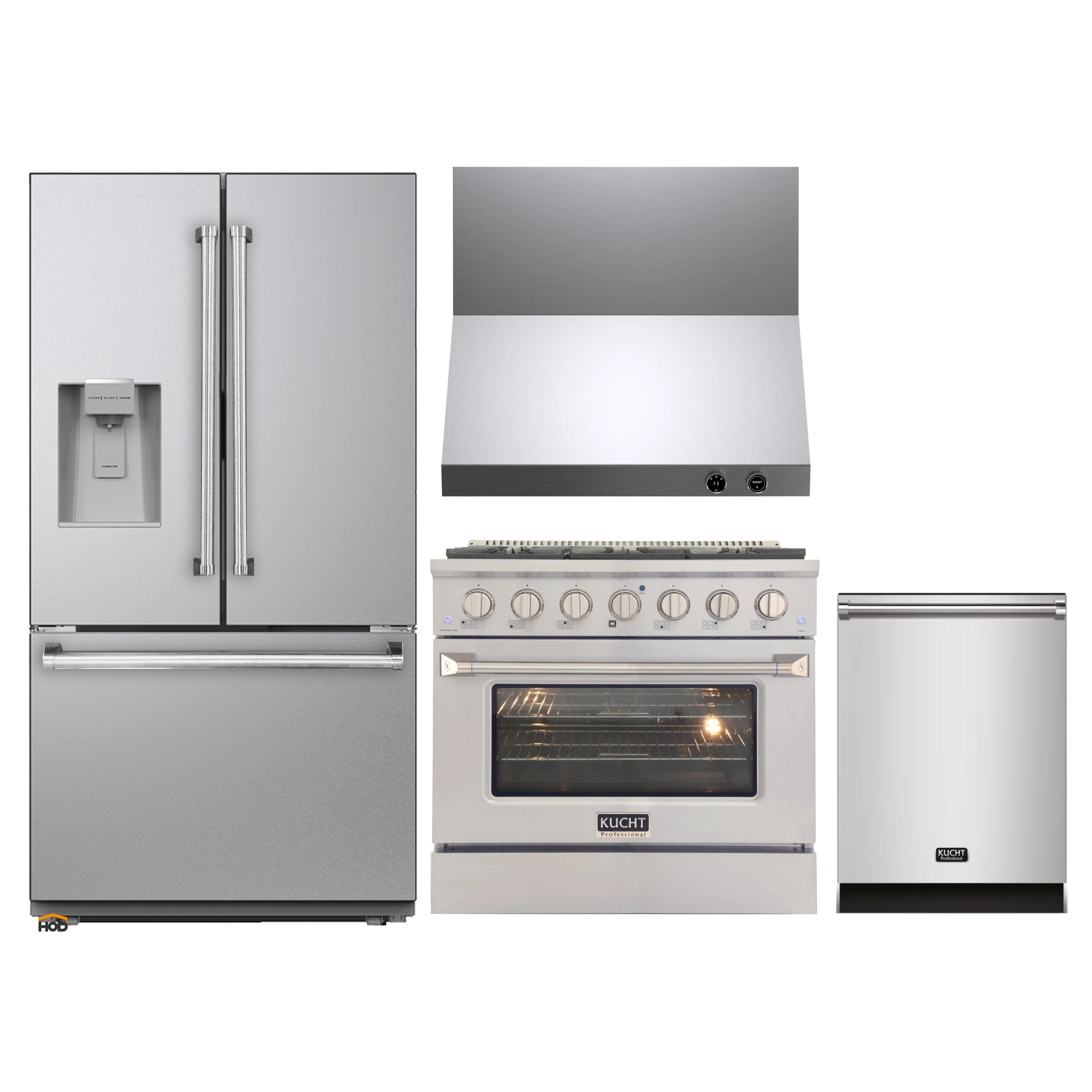 Stainless steel 4-piece kitchen appliance set: fridge, gas range, dishwasher, hood