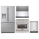 Kucht 4-Piece Appliance Package - 36-Inch Propane Gas Range with 5.2 Cu. Ft. Oven, 36-Inch Refrigerator with Water Dispenser, Dishwasher & Wall Mount Range Hood in Stainless Steel