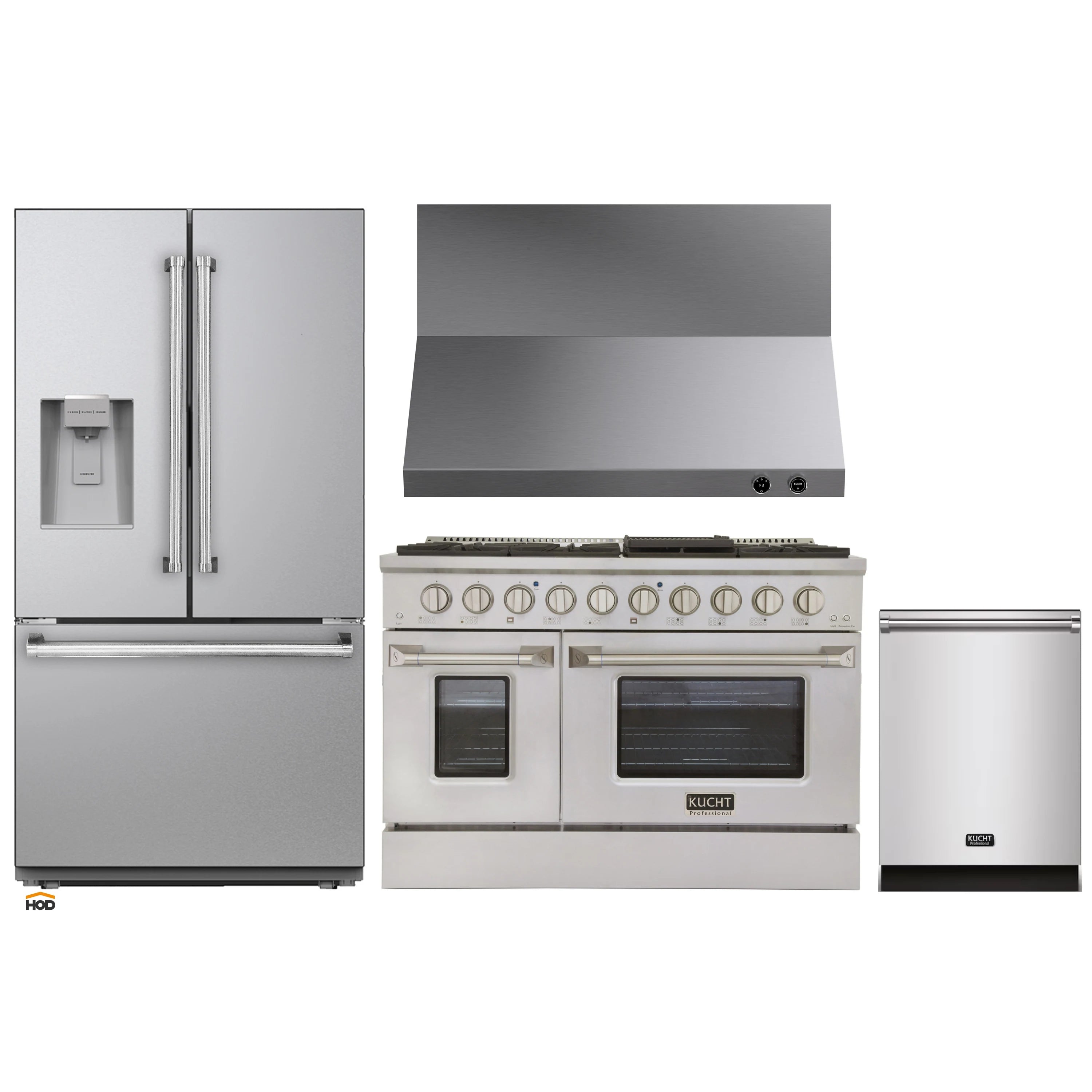 Kucht kitchen appliance package with refrigerator, range, and wall hood