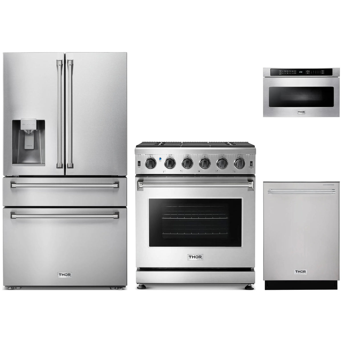 Stainless steel appliance package with refrigerator, gas range, dishwasher, and microwave drawer