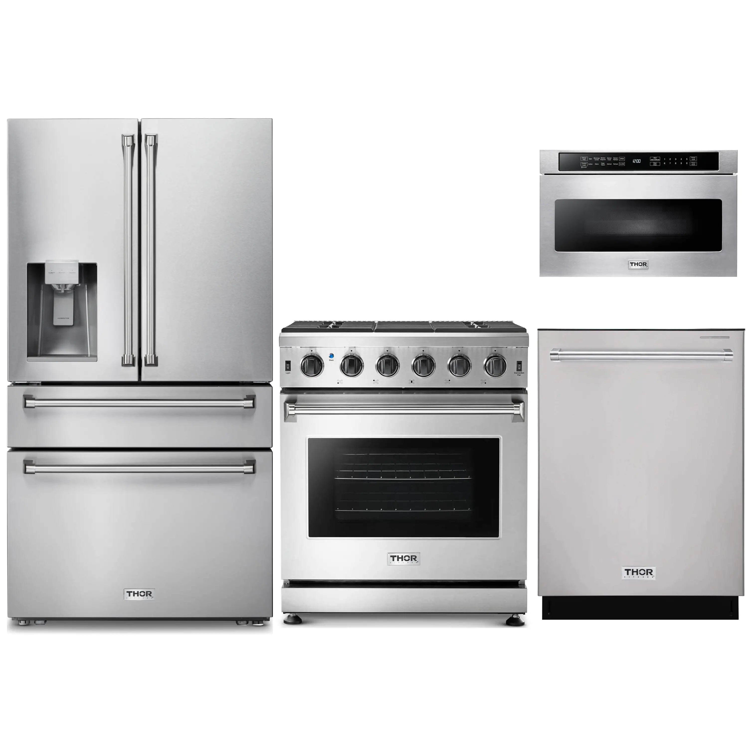 Stainless steel 4-piece kitchen appliance set: fridge, gas range, dishwasher, microwave drawer